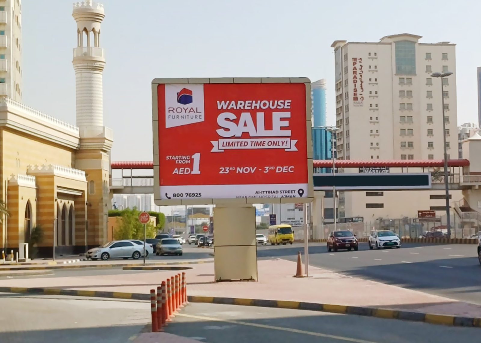 Shaikh Khaleefa St Near Ramada Hotel Area — Front-Lit Mini Unipole, Ajman