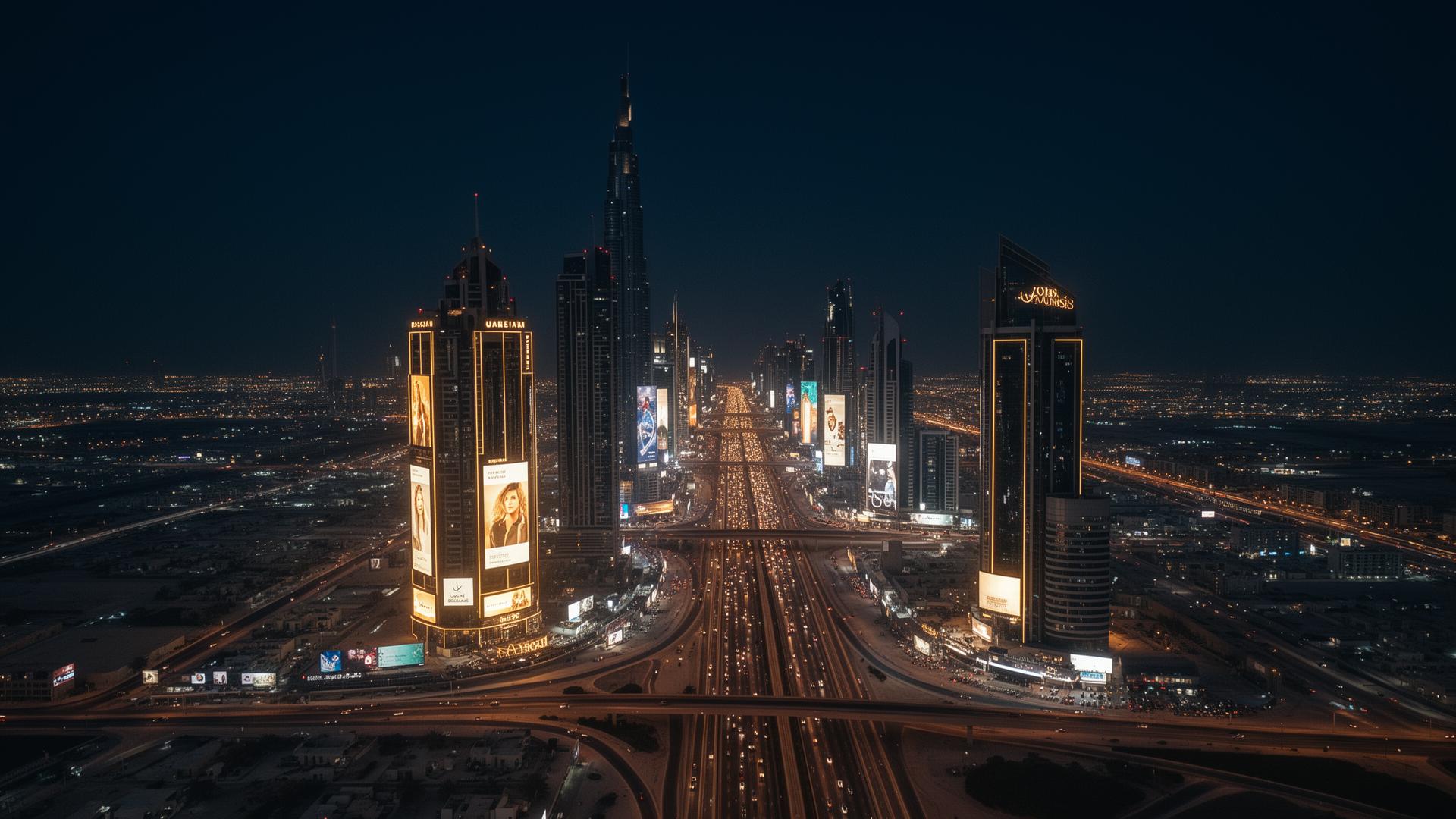 Dubai skyline at night with luxury billboards